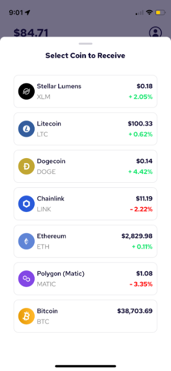 Tap the type of cryptocurrency you’d like to receive