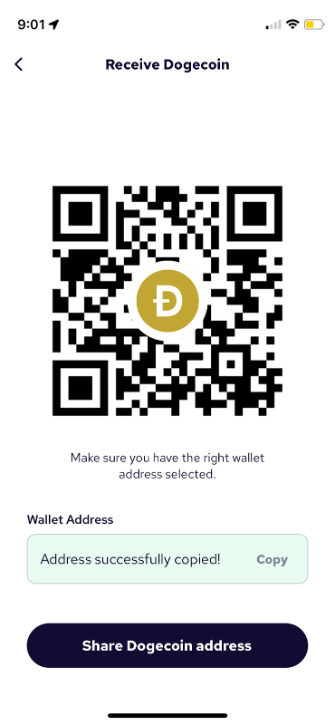 Tap “Copy” to share your wallet address with the sender.
