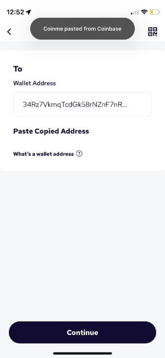 Paste the copied wallet address in the “to” line