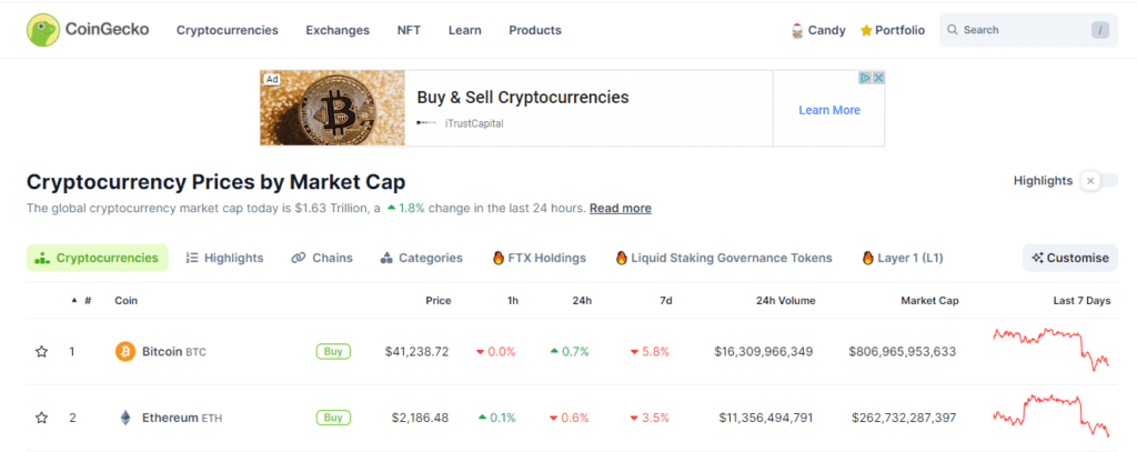 Cryptocurrency prices by market cap.